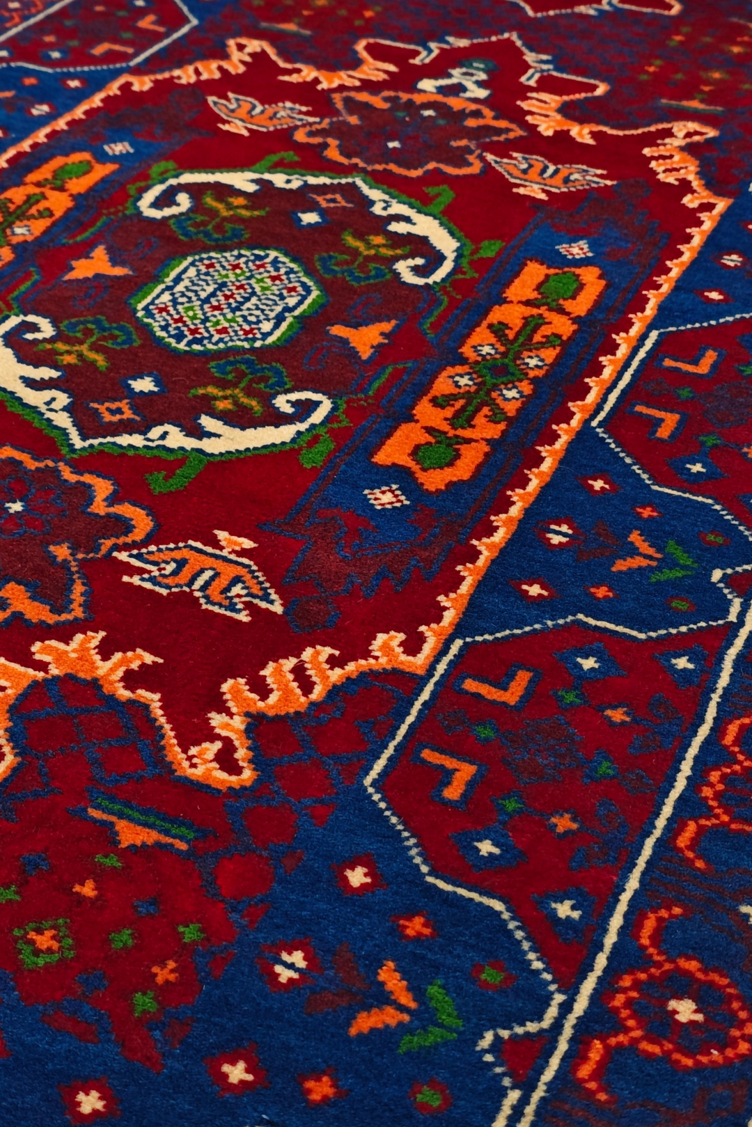 Red and Blue Khan Muhammadi Rug, Hand-Knotted Wool