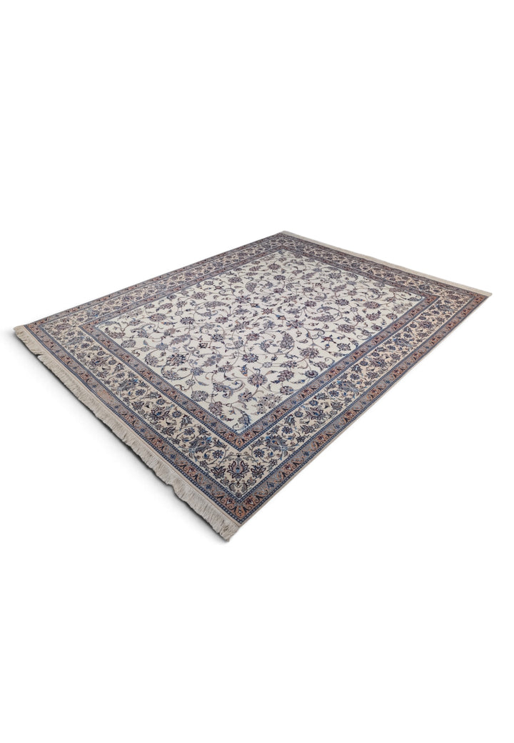Ivory and Salmon All-Over Arabesque Nain, Hand-Knotted Wool Rug