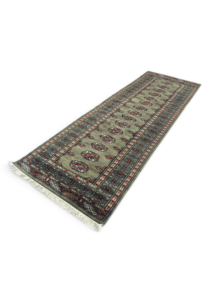 Olive and Peach Turkmen Gül Bokhara, Hand-Knotted Wool Rug