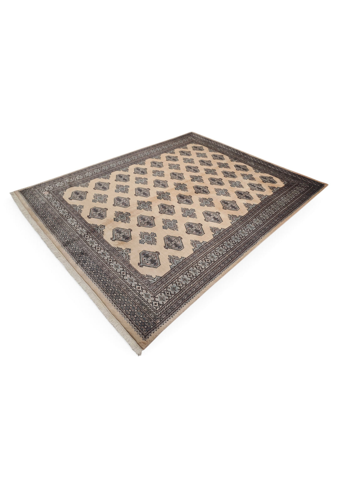 Cream and Espresso Turkmen Gül Bokhara, Hand-Knotted Wool Rug