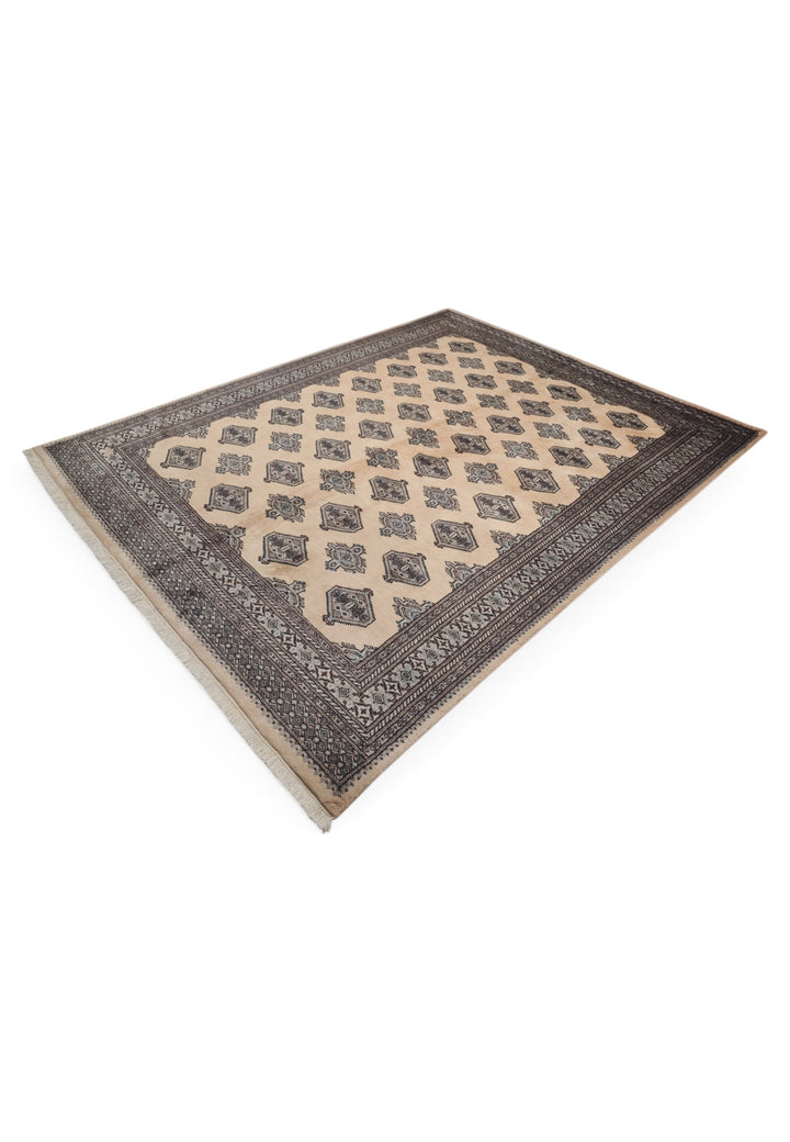 Cream and Espresso Turkmen Gül Bokhara, Hand-Knotted Wool Rug
