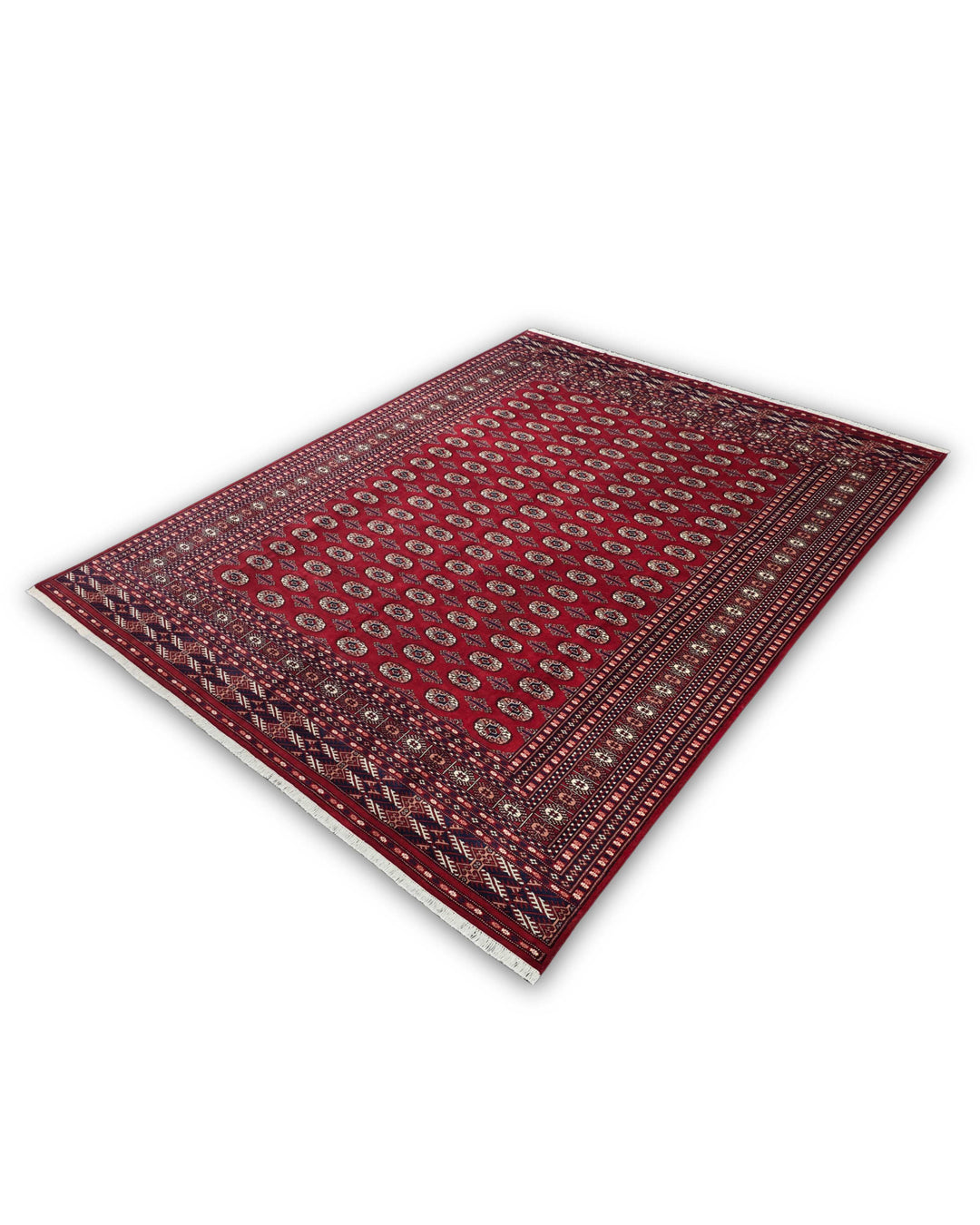 Madder Red Turkmen Gül Bokhara Rug, Hand-Knotted Pakistani Wool