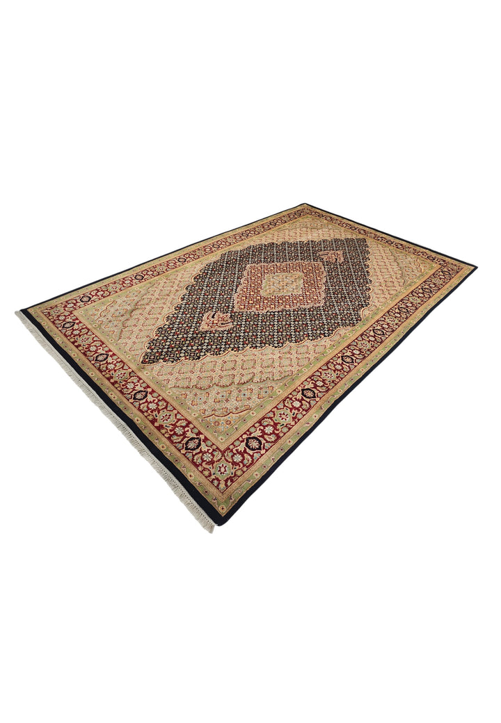 Navy and Cream Tabriz Mahi, Hand-Knotted Pakistani Wool and Silk Rug