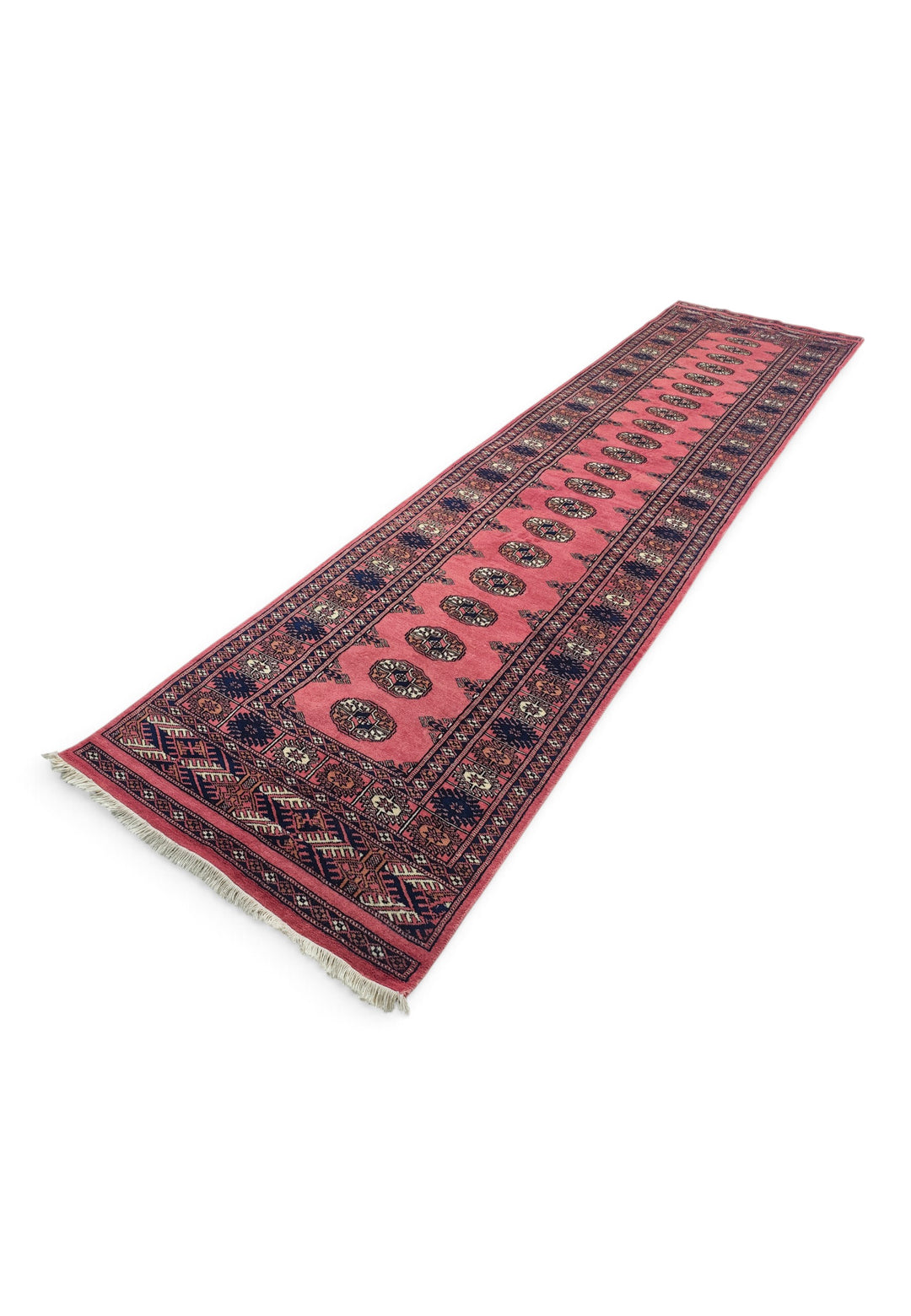 Rose and Navy Single Column Gül Bokhara, Hand-Knotted Wool Rug