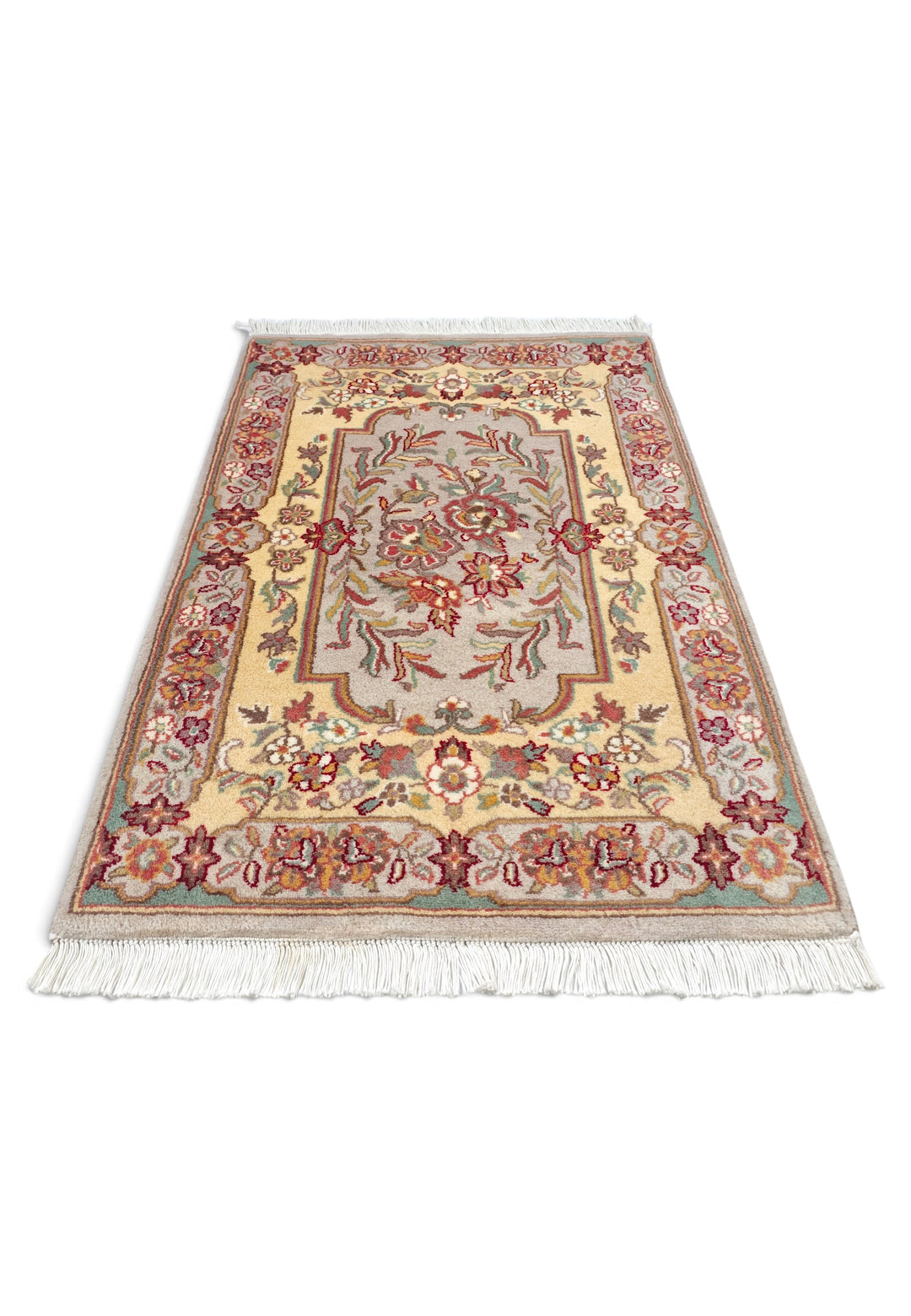 Gold and Grey French Floral Panel, Hand-Knotted Wool Rug