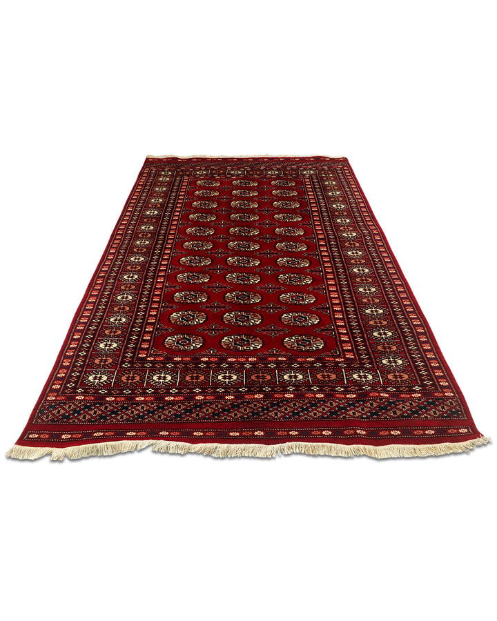 Oxblood Red Turkmen Gül Bokhara Rug, Hand-Knotted Pakistani Wool