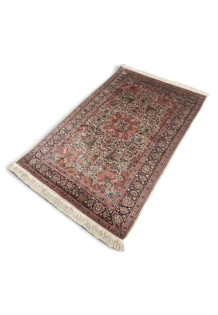 Rose and Black Afshan All-Over Floral, Hand-Knotted Silk Rug
