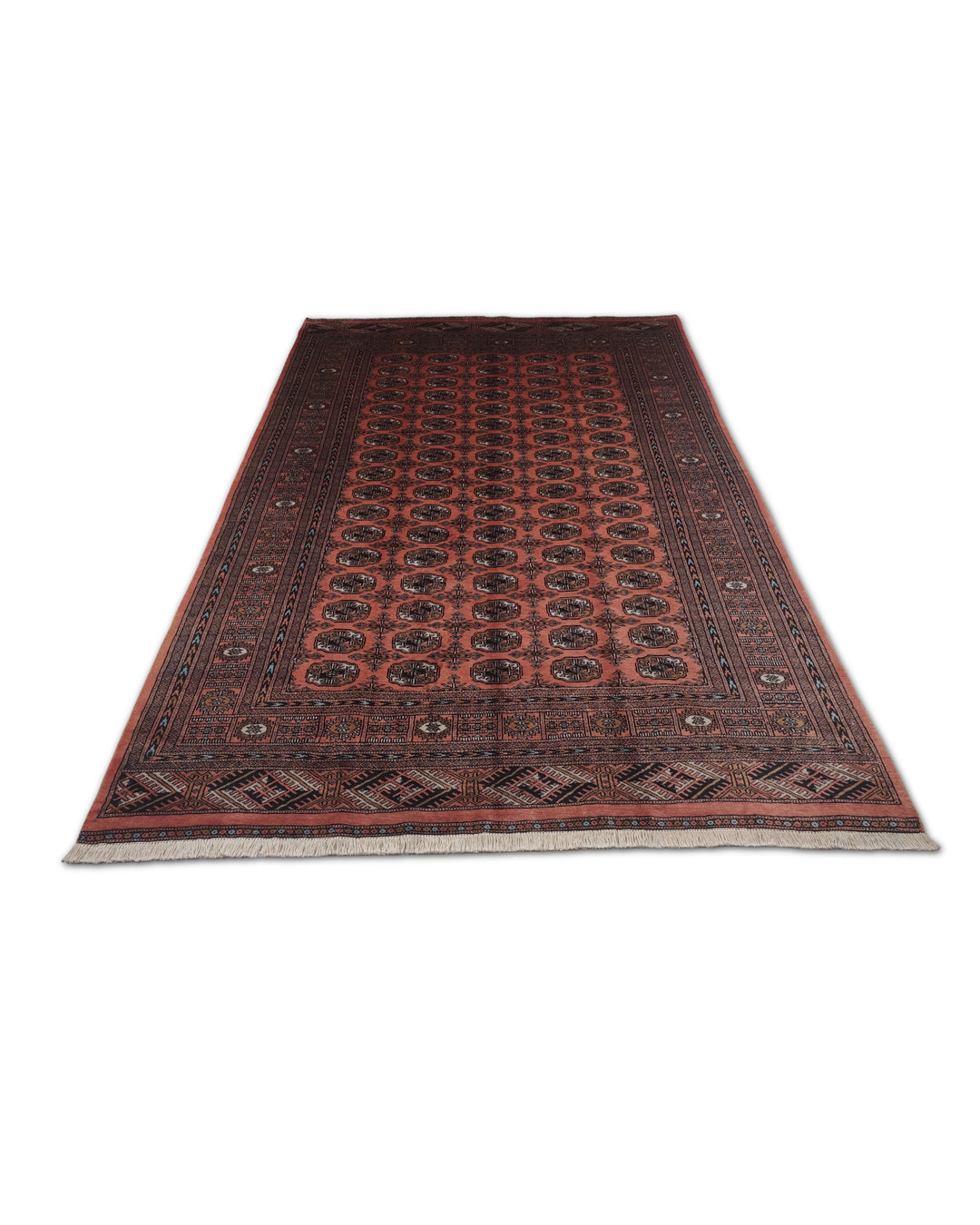 Terracotta and Espresso Turkmen Gül Bokhara, Hand-Knotted Wool Rug