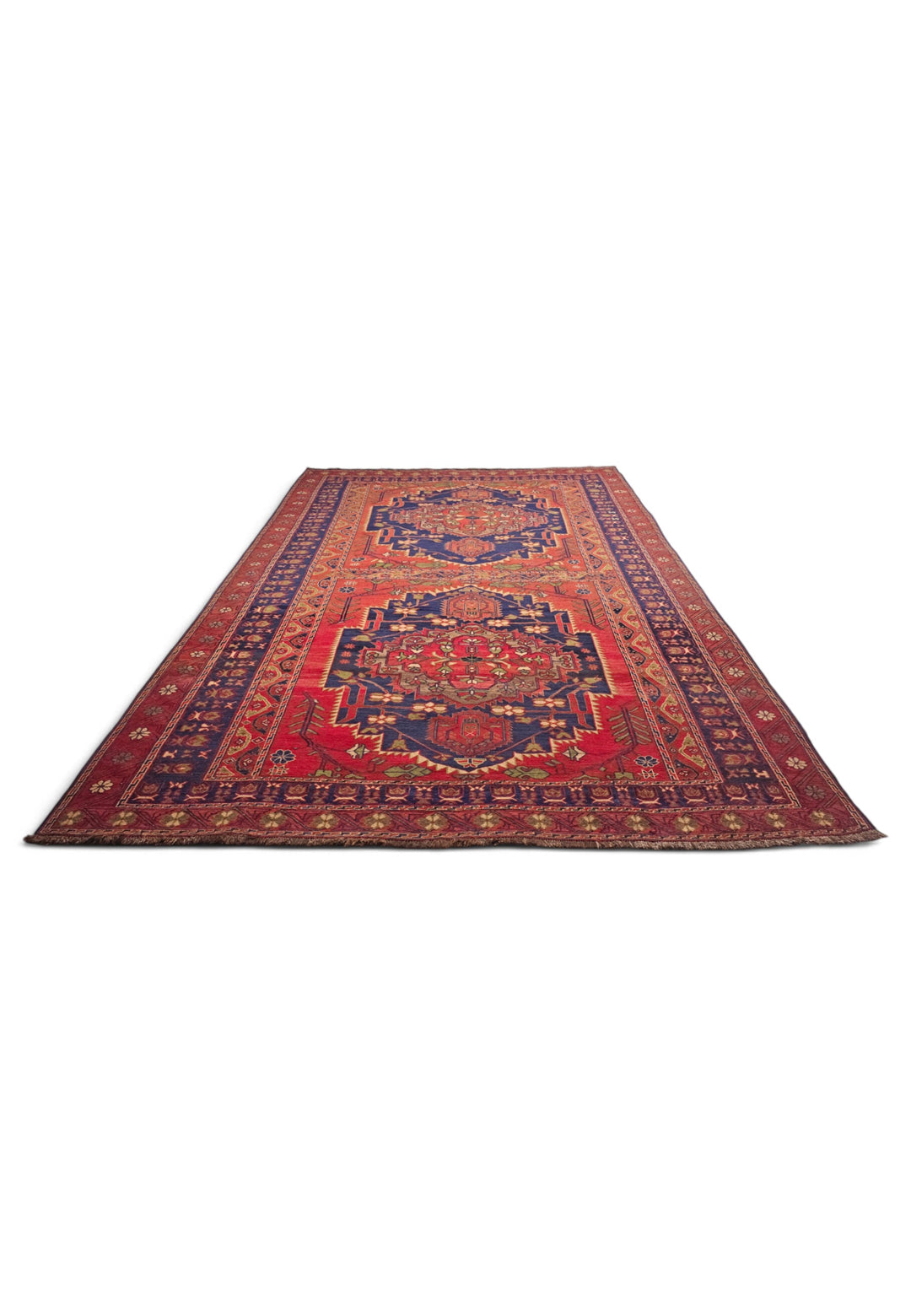 Red and Navy Twin Medallion Kilim, Hand-Woven Wool