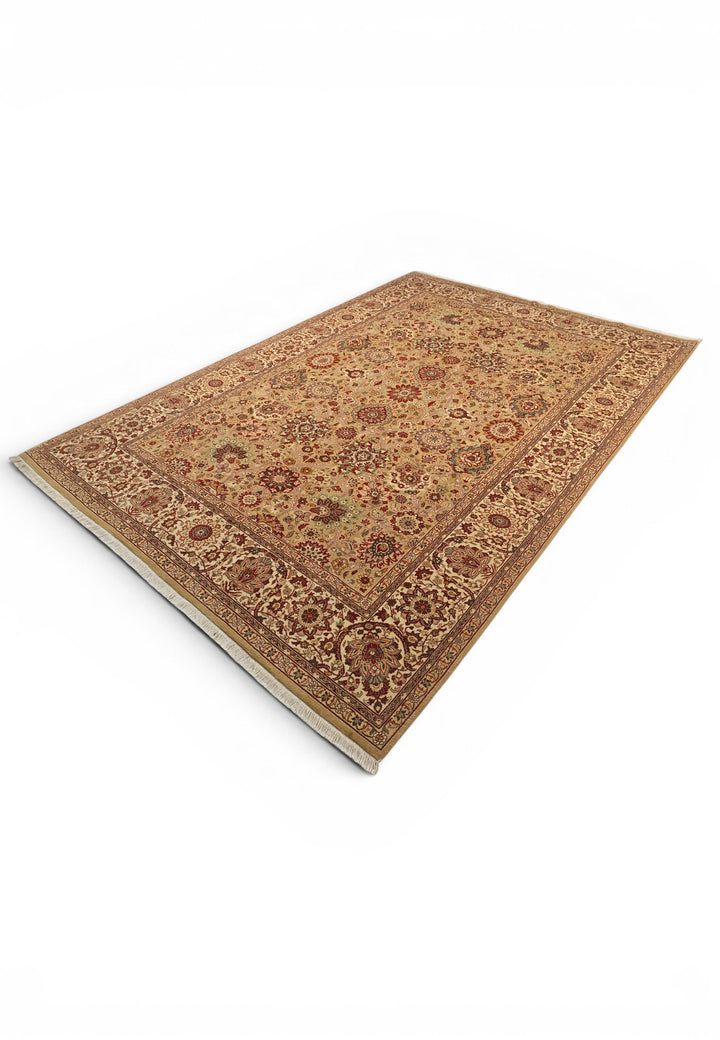 Gold and Ivory Tabriz Floral, Hand-Knotted Pakistani Wool Rug