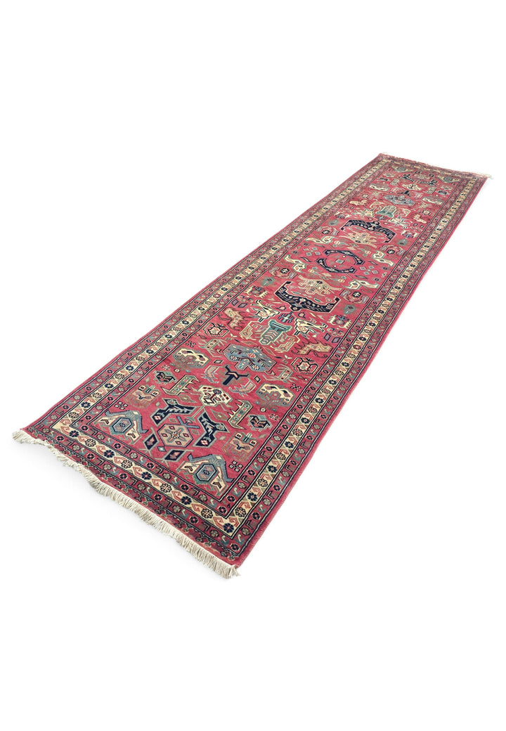 Rose and Teal Serrated Leaf Medallion, Hand-Knotted Wool Rug