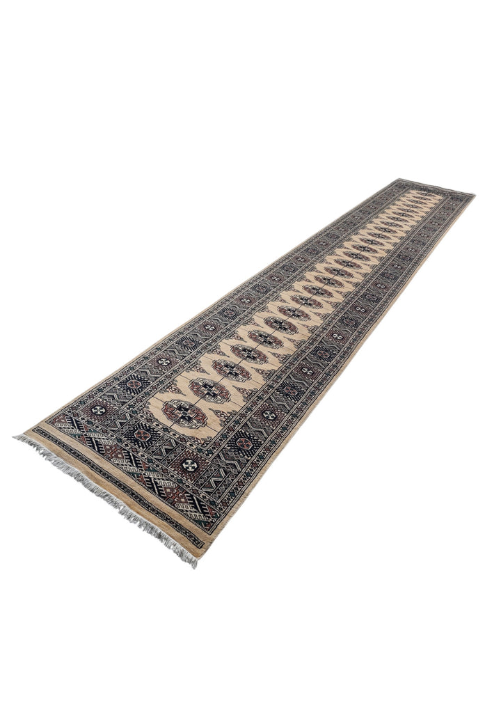 Camel and Navy Turkmen Gül Bokhara, Hand-Knotted Wool Rug
