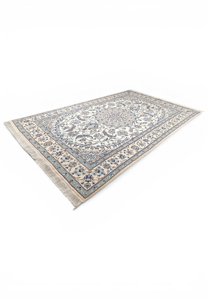 Ivory &amp; Blue Medallion Persian Nain, Hand-Knotted Wool Rug