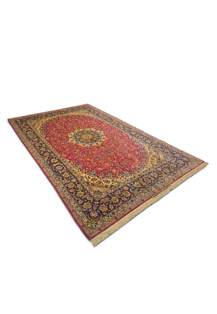 Crimson and Gold Medallion Sirafian Isfahan, Hand-Knotted Wool Rug
