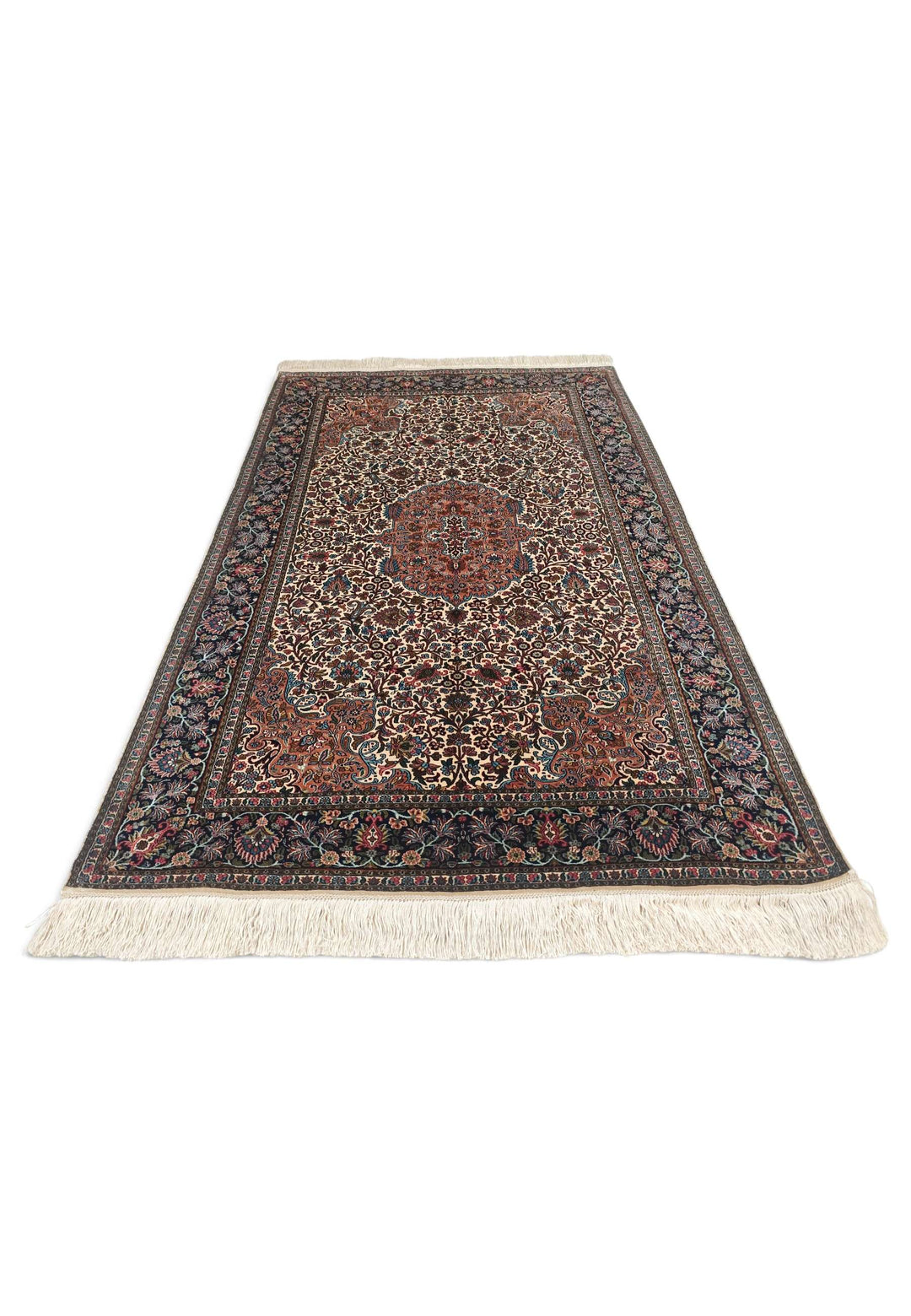 Ivory and Rust Rosette Medallion, Hand-Knotted Silk Rug