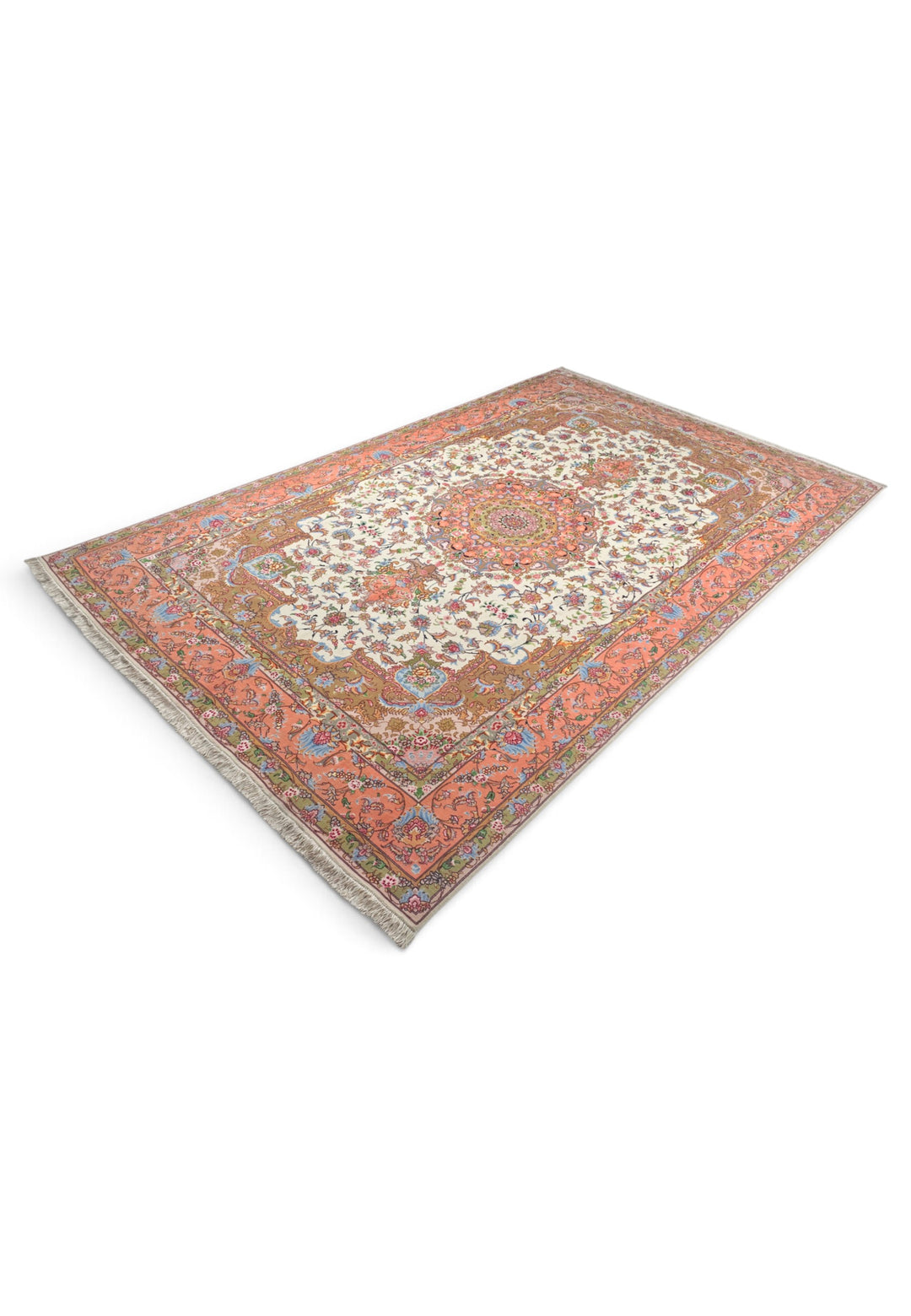 Ivory and Coral Radiating Medallion Tabriz, Hand-Knotted Wool Rug