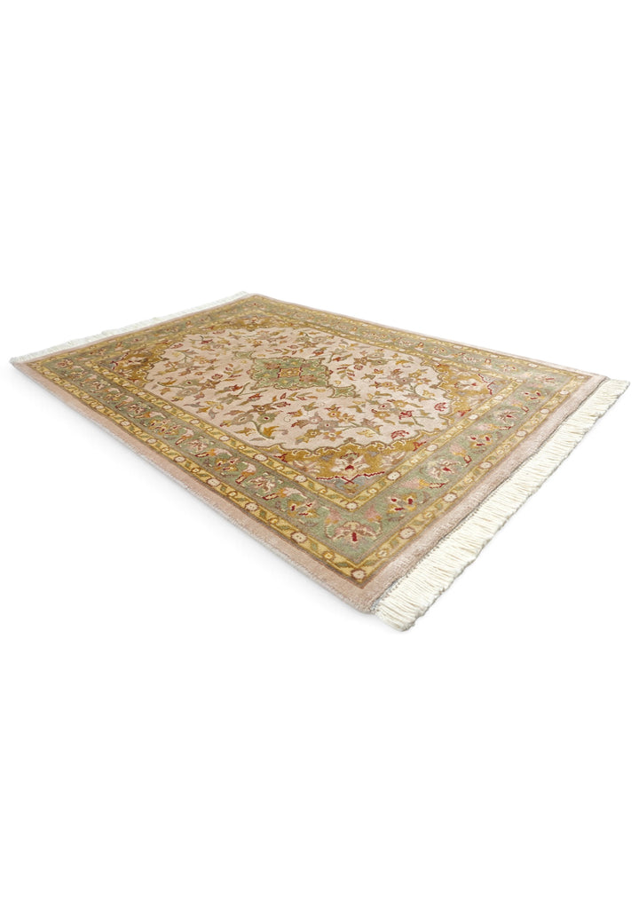 Blush and Ochre Medallion Tabriz, Hand-Knotted Wool and Silk Rug