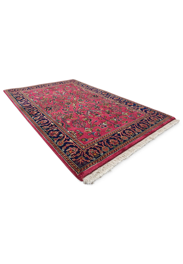 Magenta and Navy Hereke Floral, Hand-Knotted Wool Rug