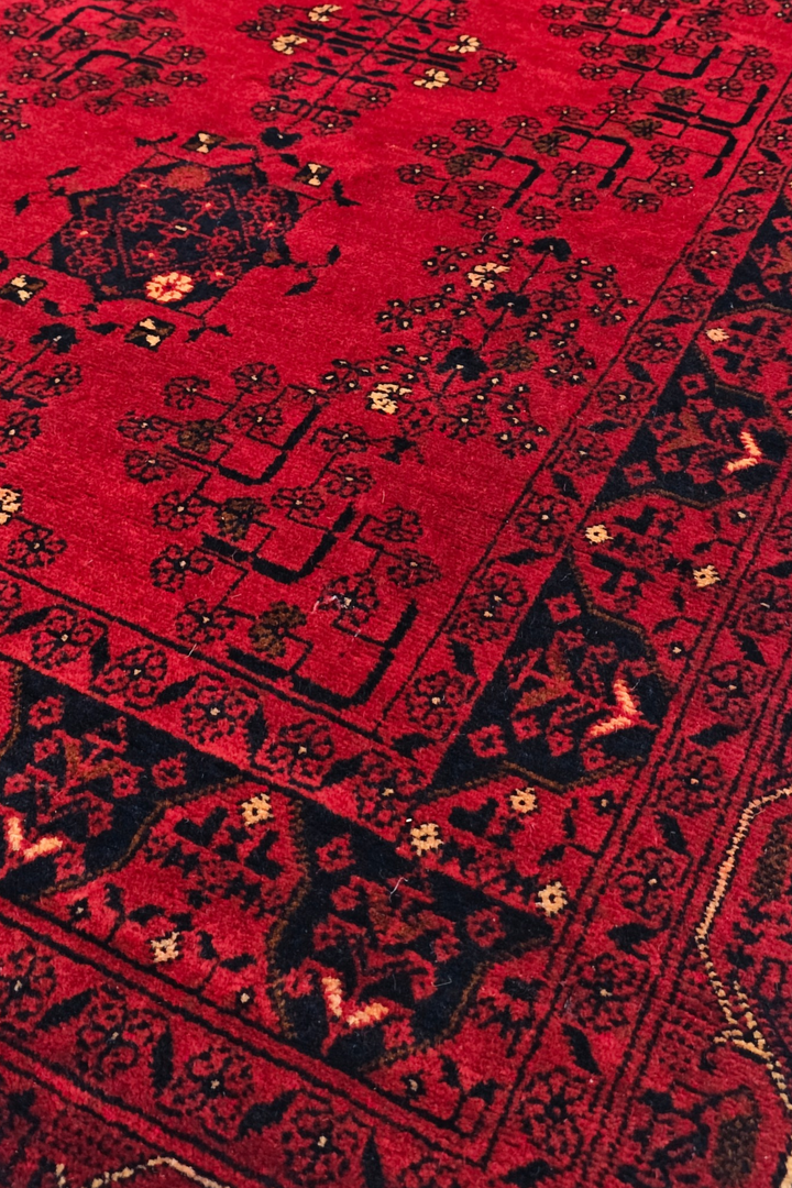 Crimson and Black Khan Muhammadi Runner, Hand-Knotted Wool