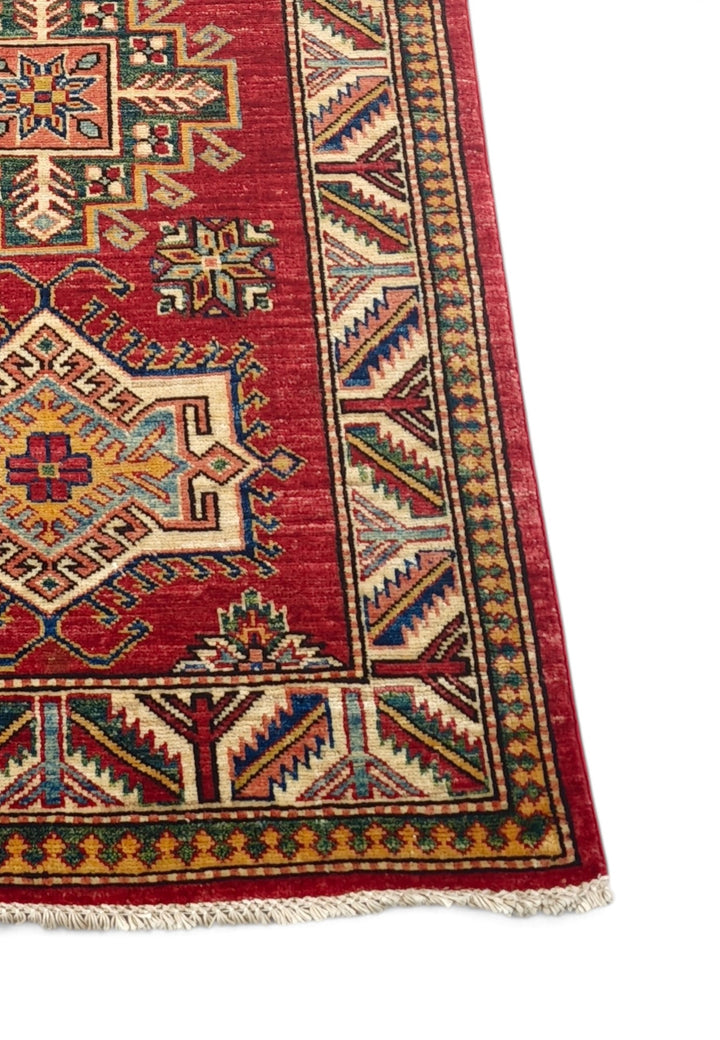 Deep Red and Cream Stepped Medallion Kazak, Hand-Knotted Wool Rug