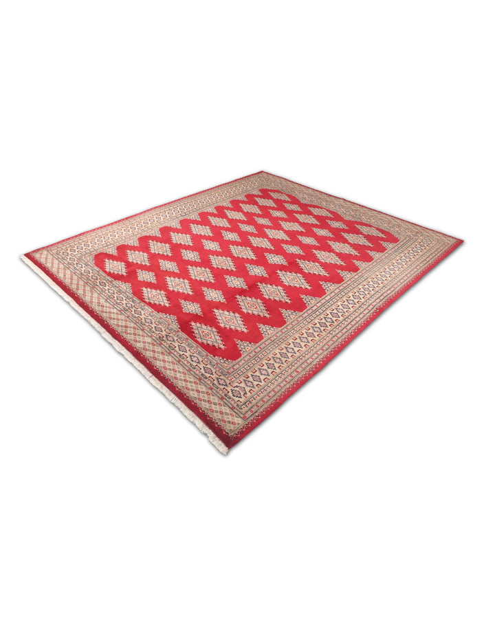 Crimson and Camel Jaldar Diamond Gül, Hand-Knotted Wool and Silk Rug
