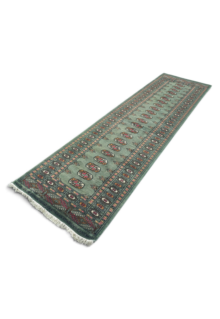 Sage and Gold Single Column Gül Bokhara, Hand-Knotted Wool Rug