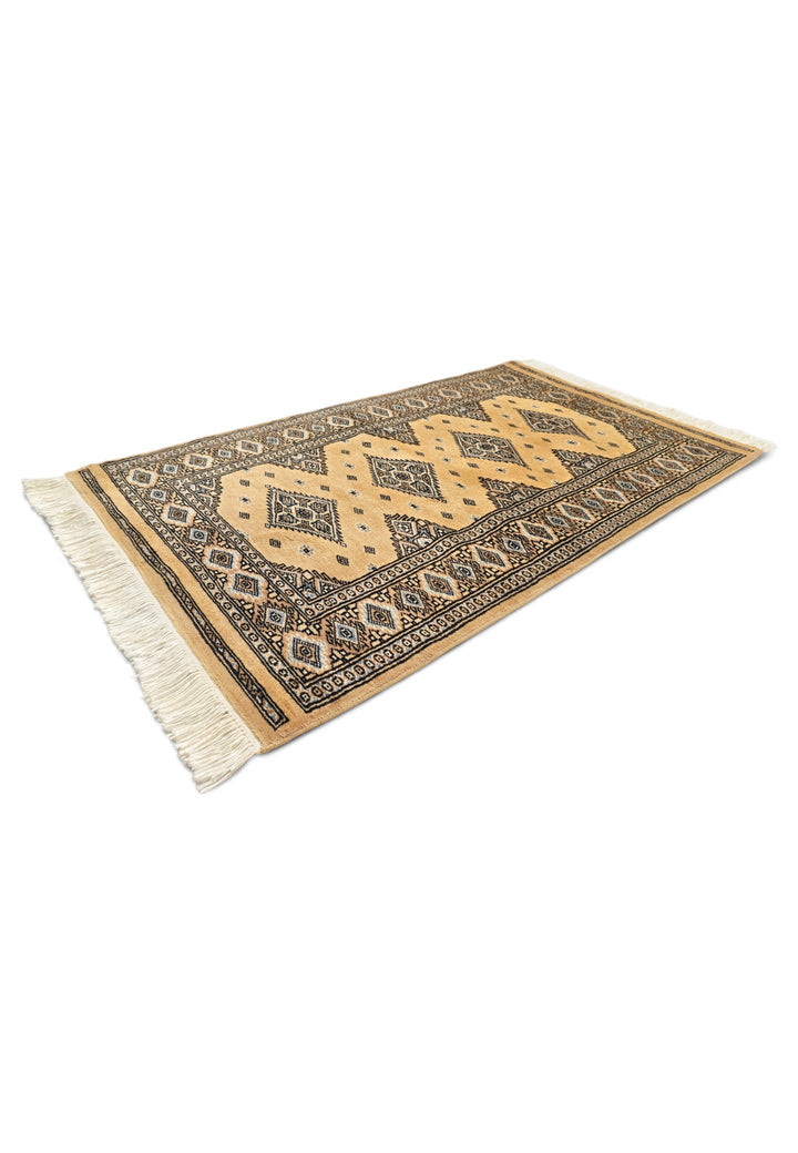 Honey Gold and Espresso Jaldar Diamond Medallion, Hand-Knotted Wool Rug