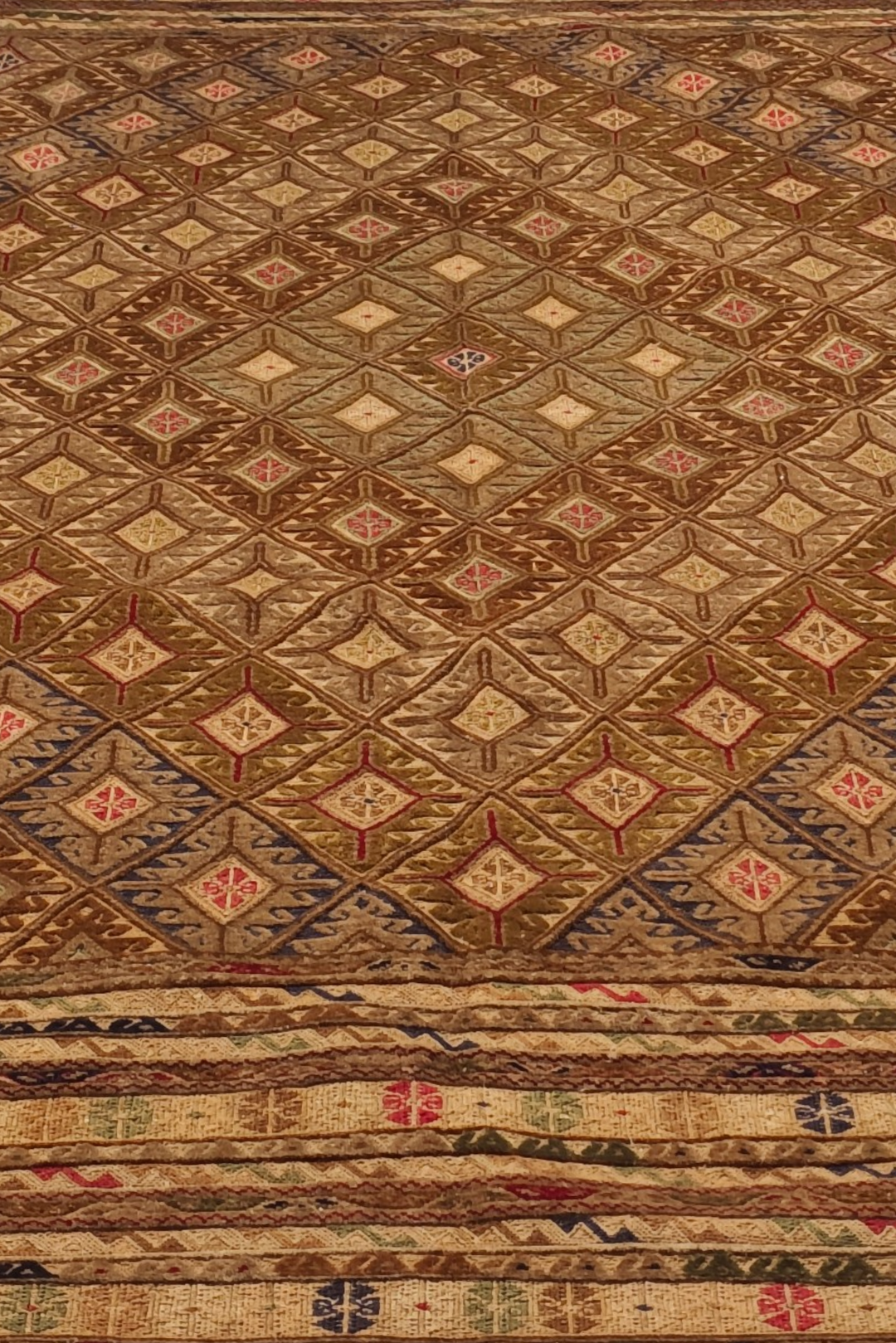 Camel and Brown Diamond Lattice Kilim, Hand-Woven Wool