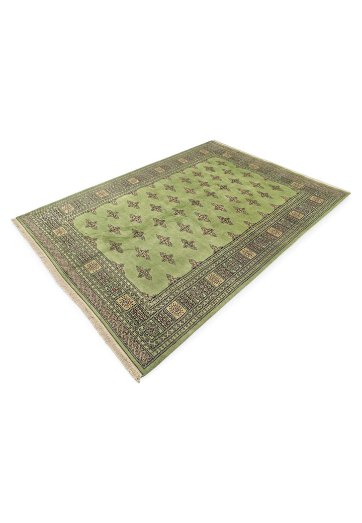 Olive Green Open Field Bokhara, Hand-Knotted Wool Rug
