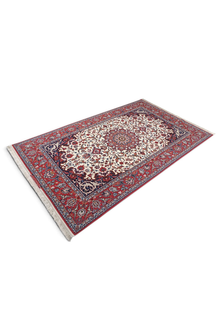 Ivory and Red Star Medallion Sirafian Isfahan, Hand-Knotted Wool Rug