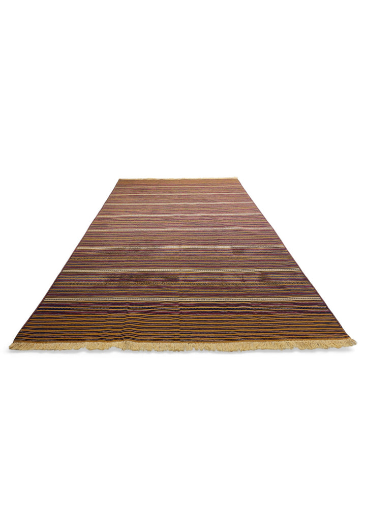 Gold and Plum Striped Kilim, Hand-Woven Wool