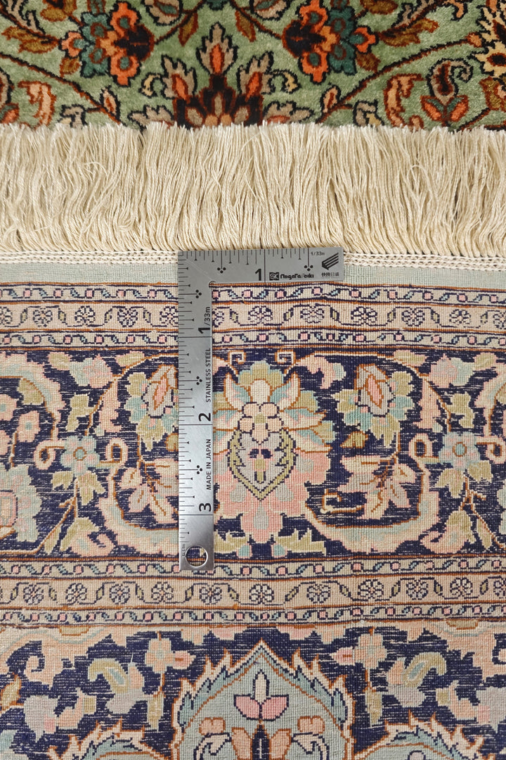 Sage Green and Black Arabesque Medallion, Hand-Knotted Silk Rug