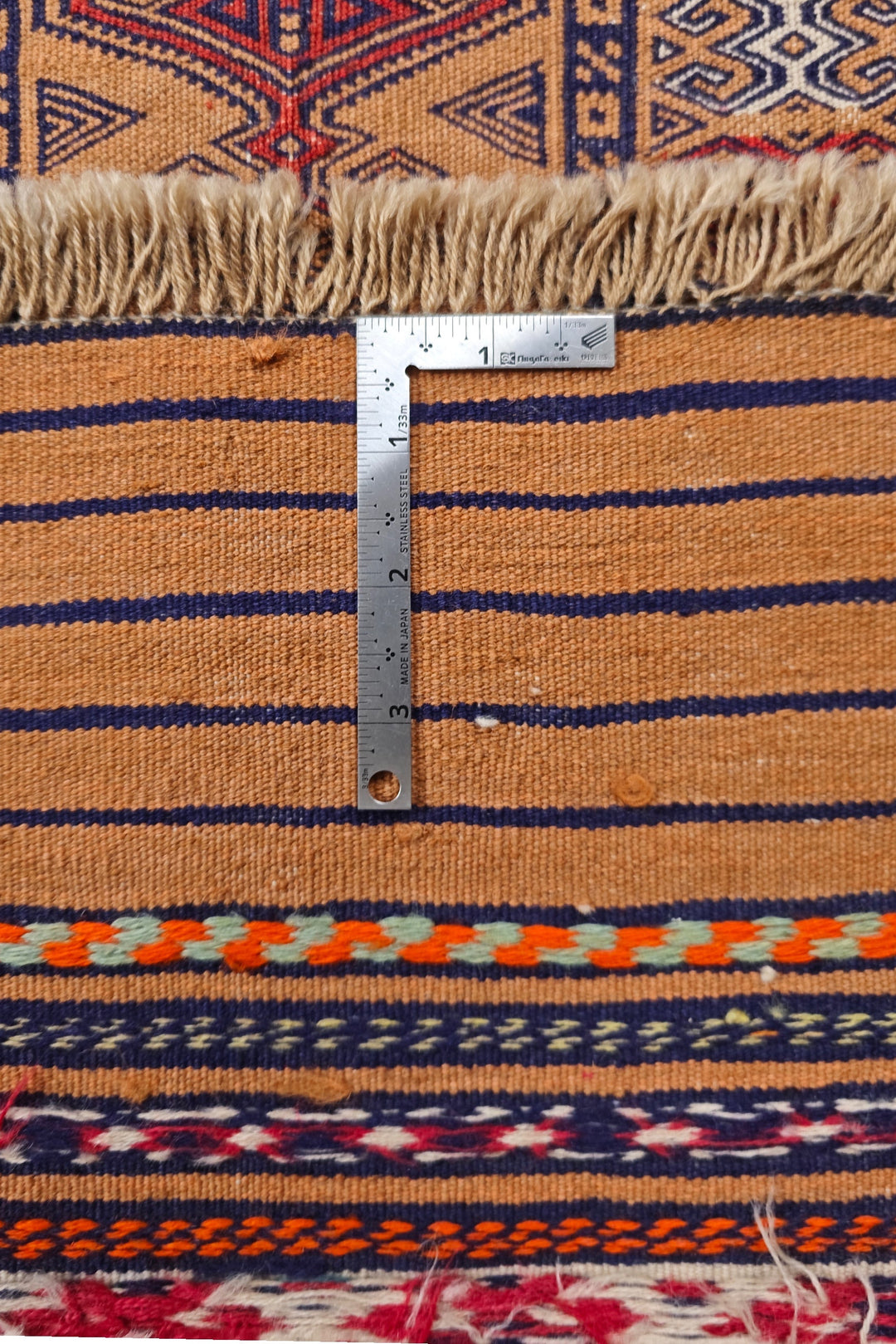 Apricot Camel and Indigo Banded Kilim, Hand-Woven Wool