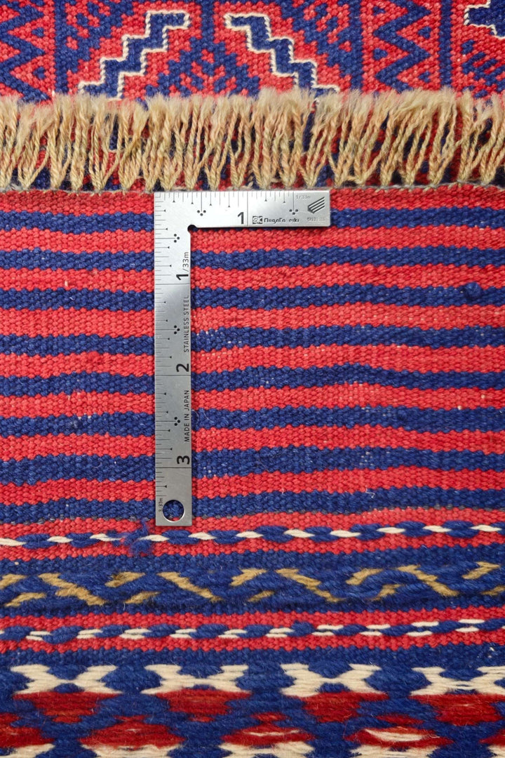 Rose Red and Navy Four-Panel Kilim, Hand-Woven Wool