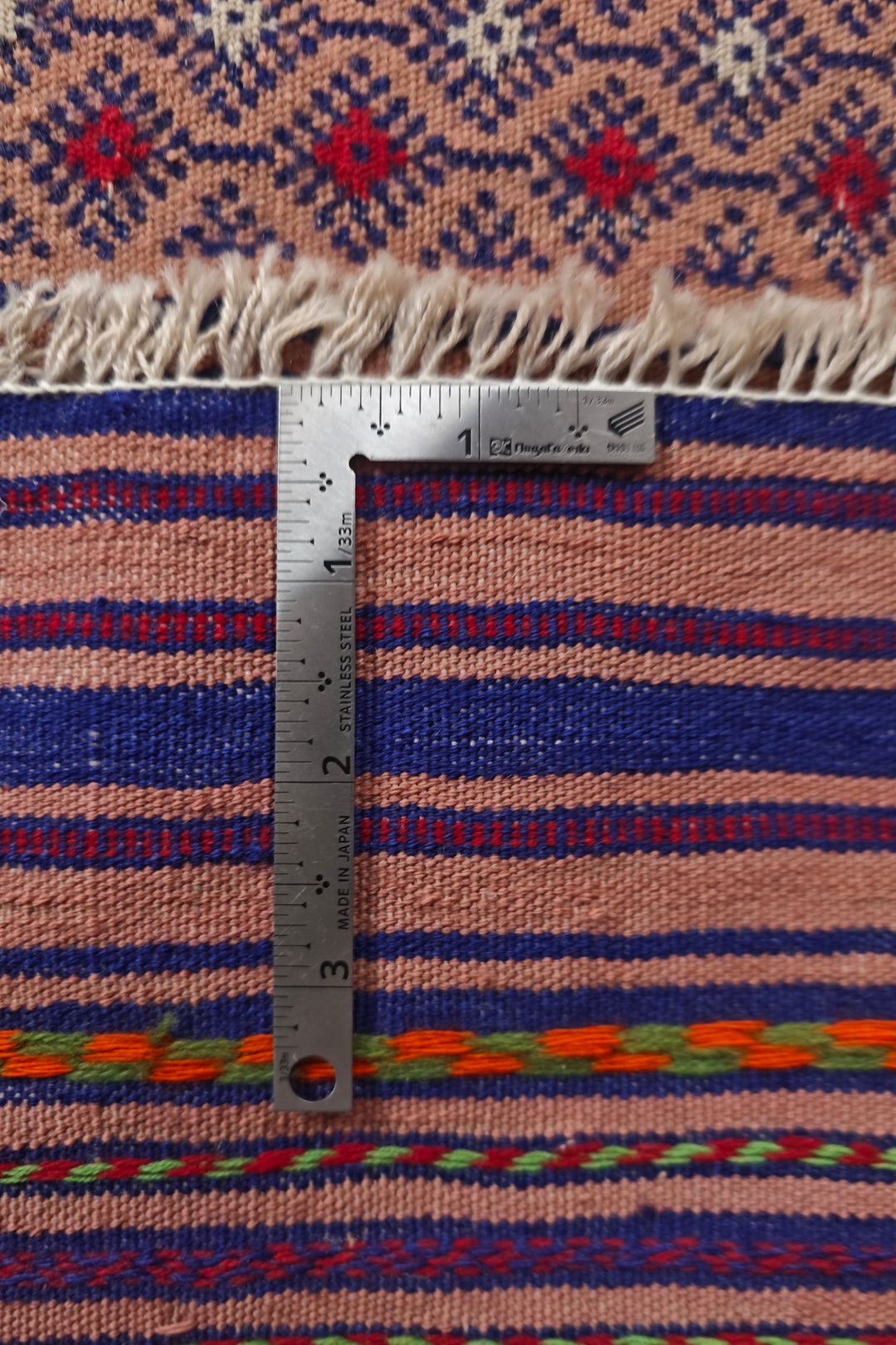 Blush Apricot and Navy Banded Kilim, Hand-Woven Wool