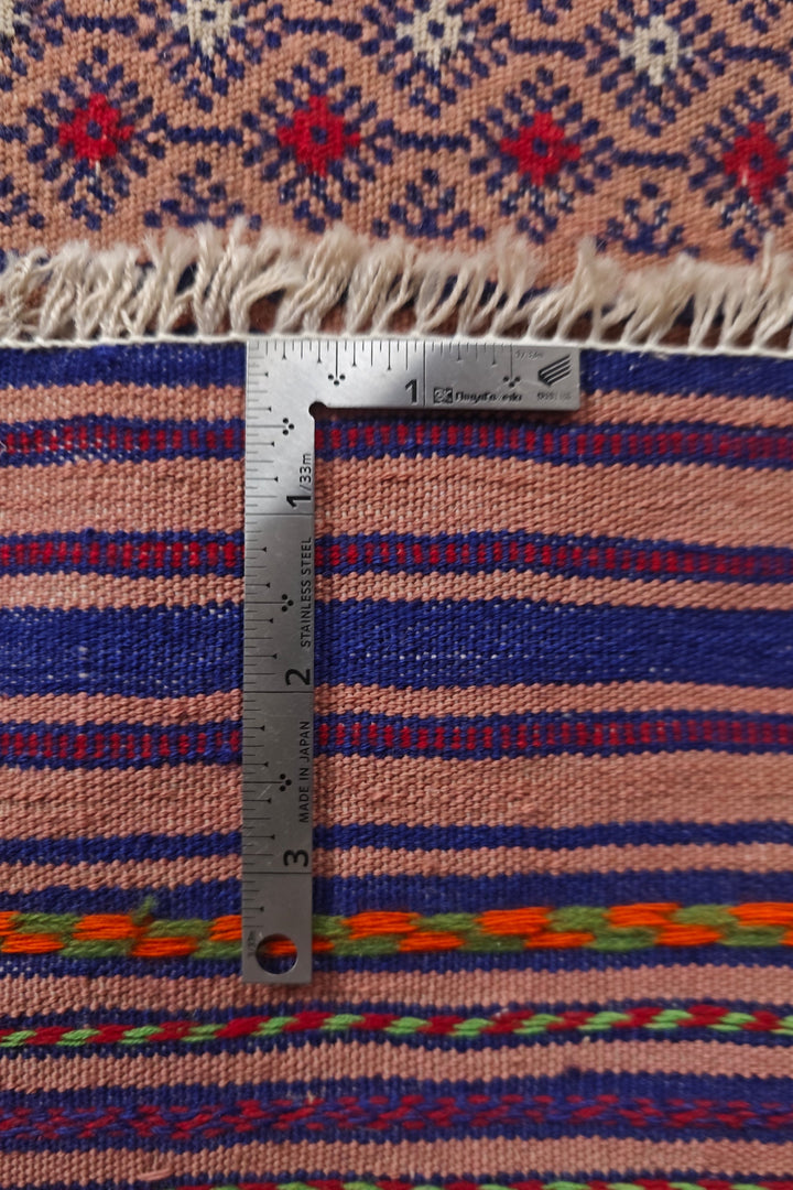 Blush Apricot and Navy Banded Kilim, Hand-Woven Wool