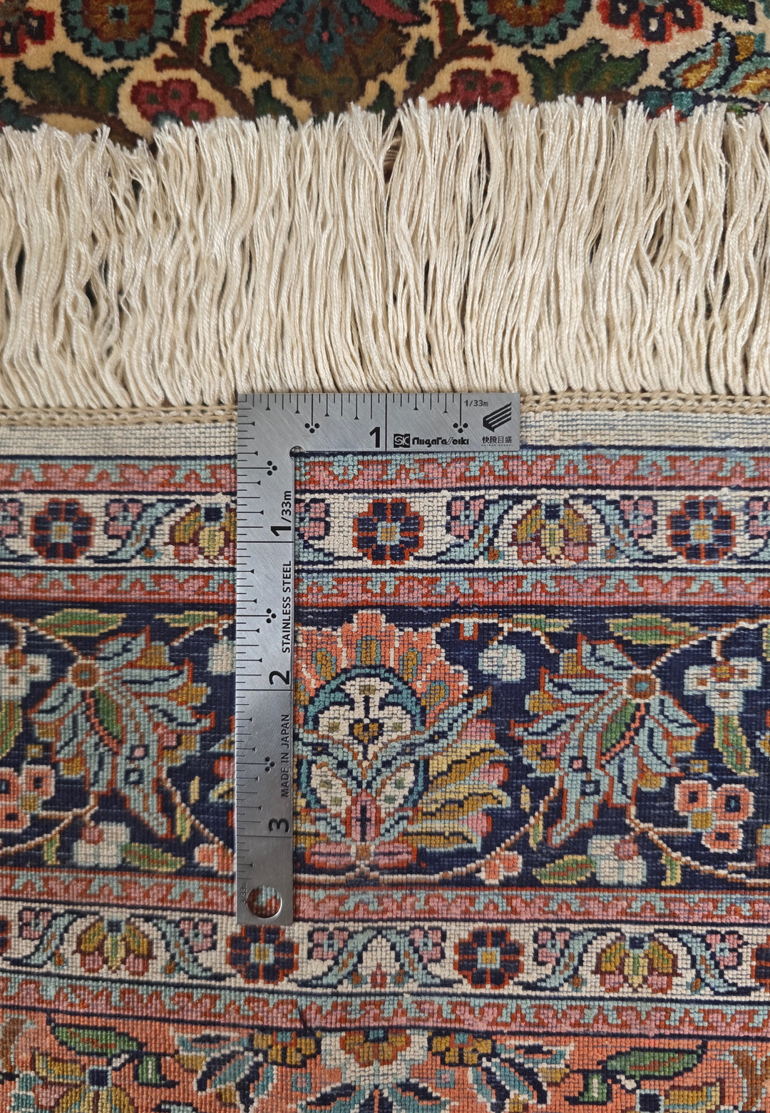 Ivory and Navy Shah Abbasi Floral Medallion, Hand-Knotted Silk Rug