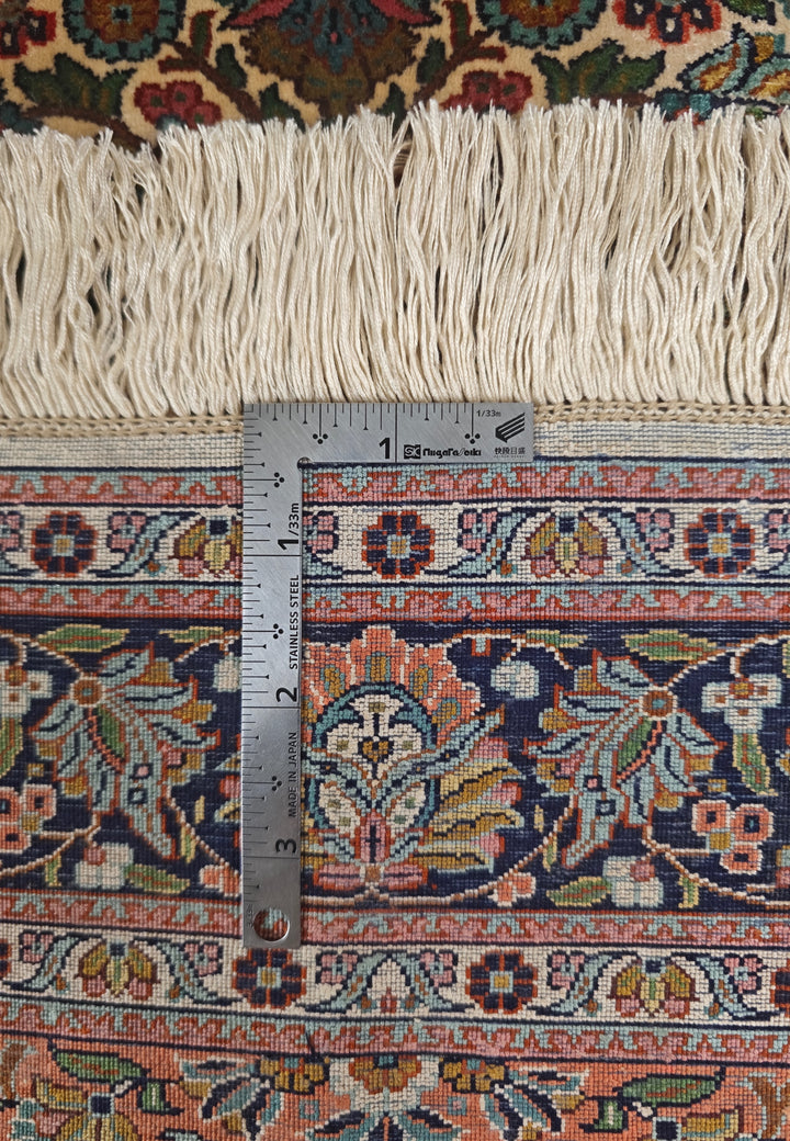 Ivory and Navy Shah Abbasi Floral Medallion, Hand-Knotted Silk Rug