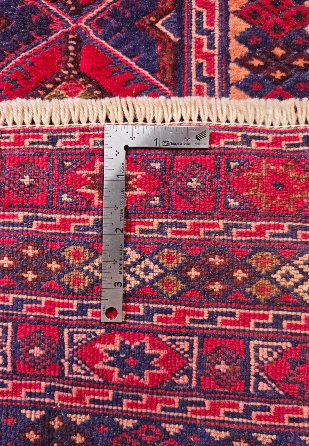 Crimson and Navy Diamond Lattice Kilim, Hand-Woven Wool