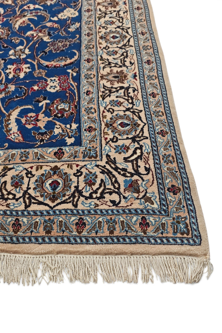 Cobalt Blue and Ivory Medallion Nain, Hand-Knotted Wool Rug