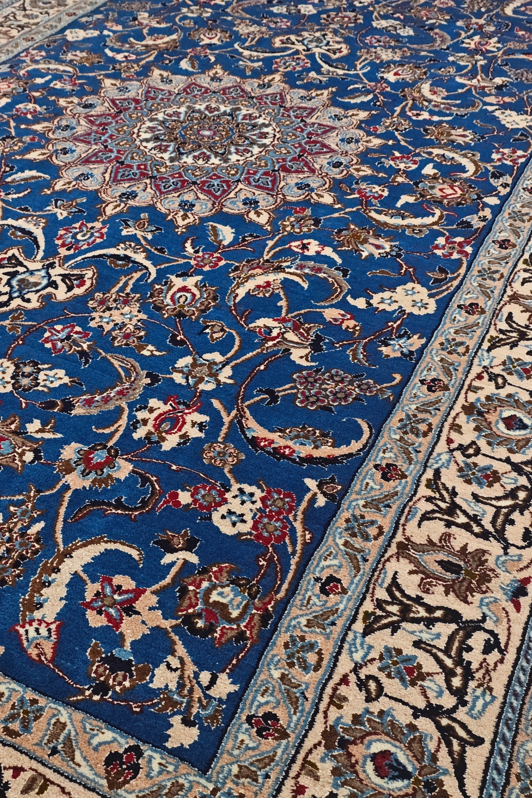Cobalt Blue and Ivory Medallion Nain, Hand-Knotted Wool Rug