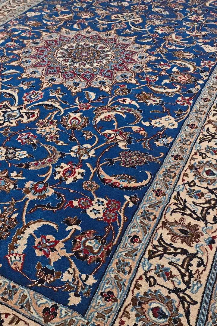 Cobalt Blue and Ivory Medallion Nain, Hand-Knotted Wool Rug