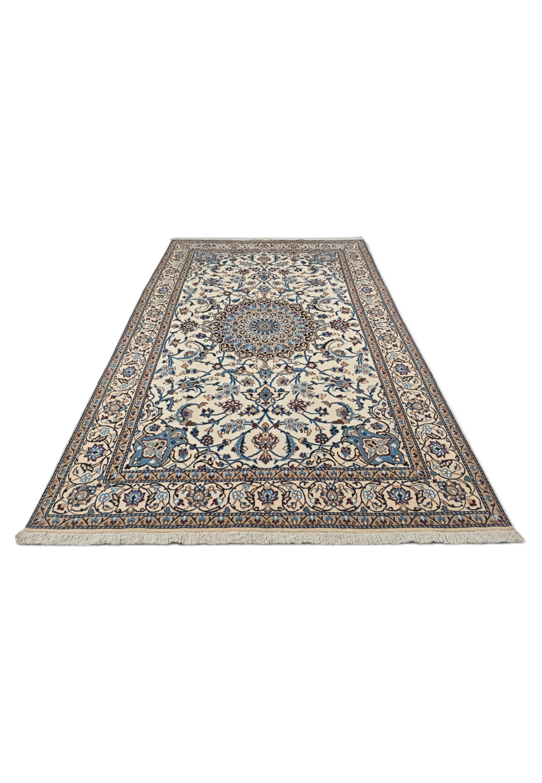 Ivory and Sky Blue Medallion Nain, Hand-Knotted Wool Rug