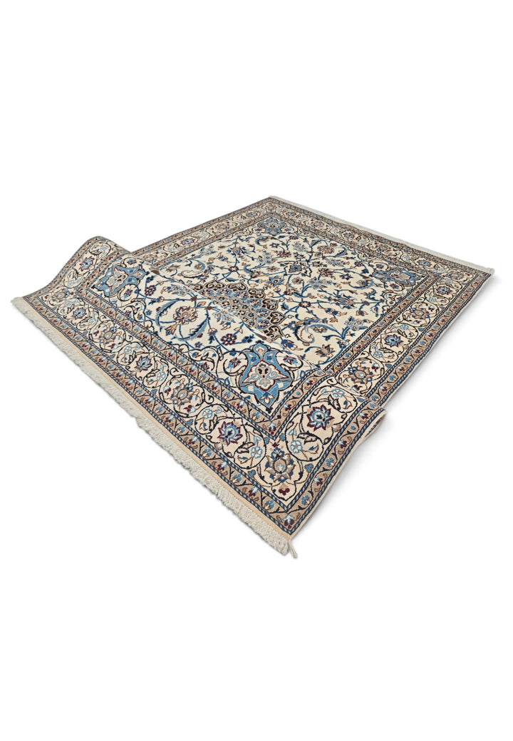Ivory and Sky Blue Medallion Nain, Hand-Knotted Wool Rug
