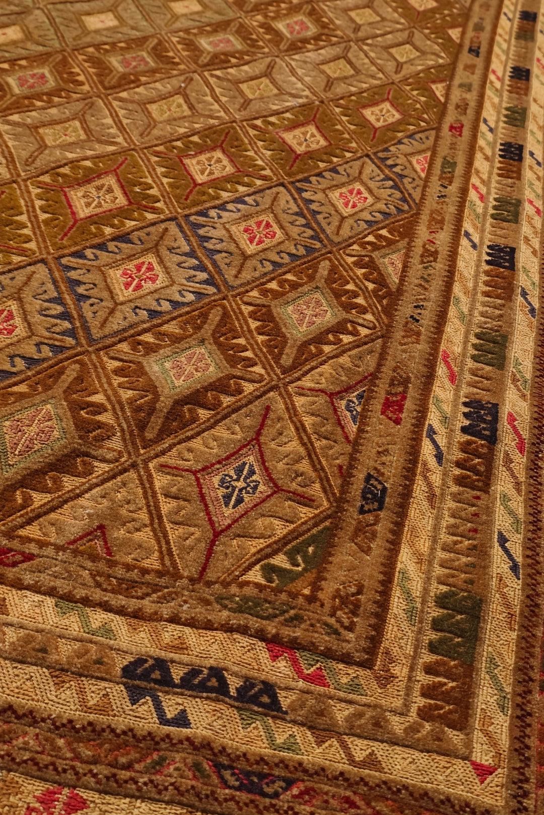Camel and Brown Diamond Lattice Kilim, Hand-Woven Wool