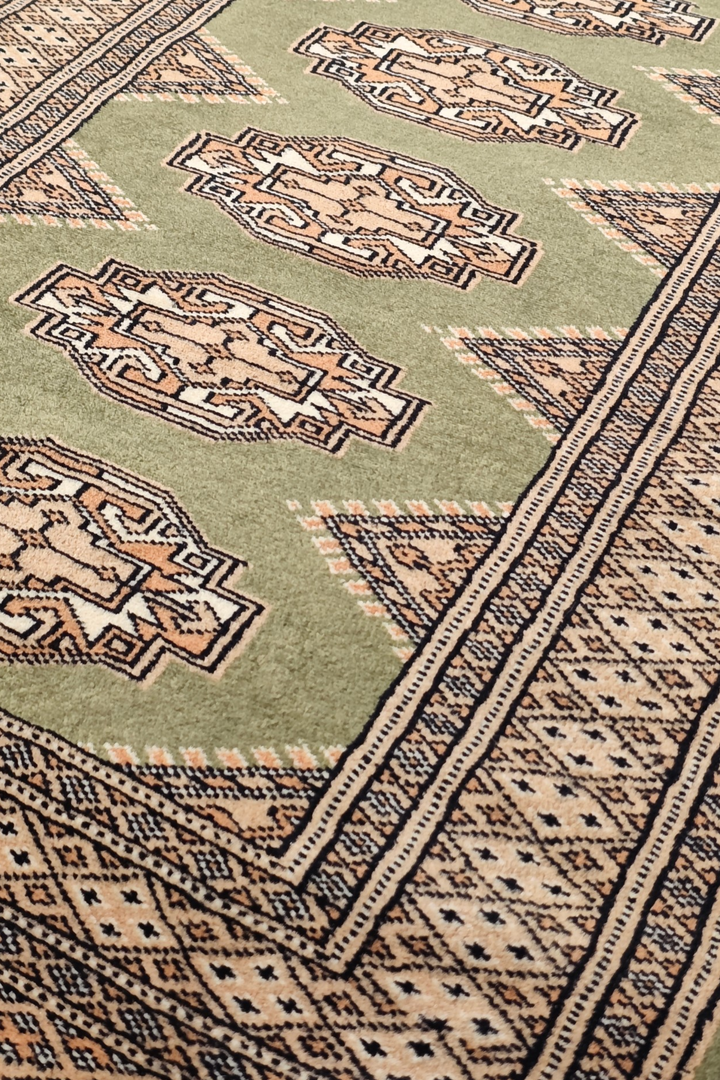 Olive Green and Beige Yamoud Rug, Hand-Knotted Wool