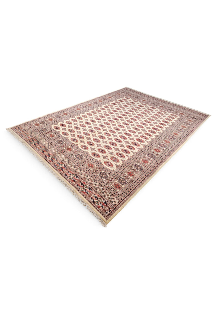 Ivory and Rust Turkmen Gül Bokhara, Hand-Knotted Wool Rug