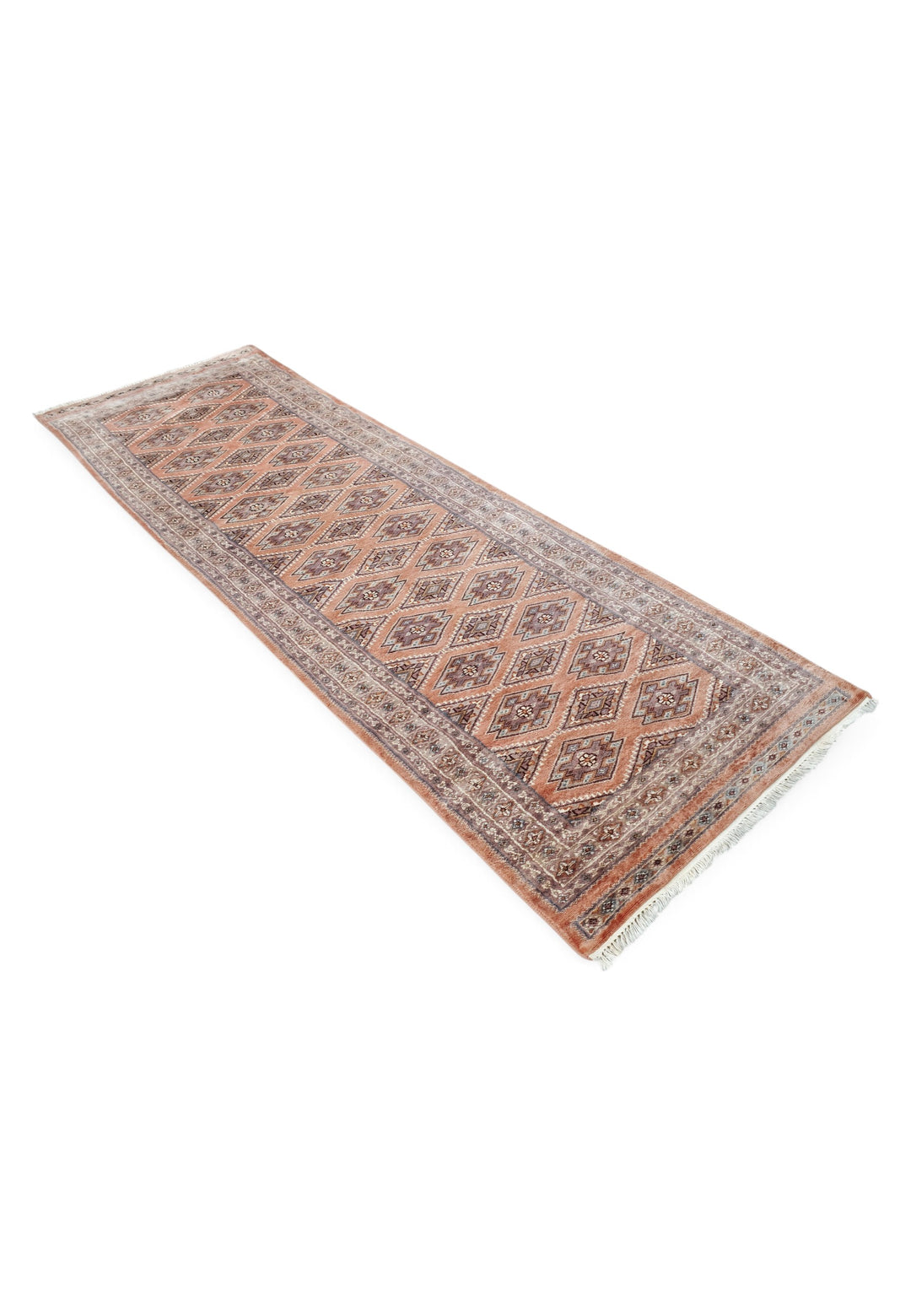 Salmon and Mauve Jaldar Alternating Lattice, Hand-Knotted Wool Rug