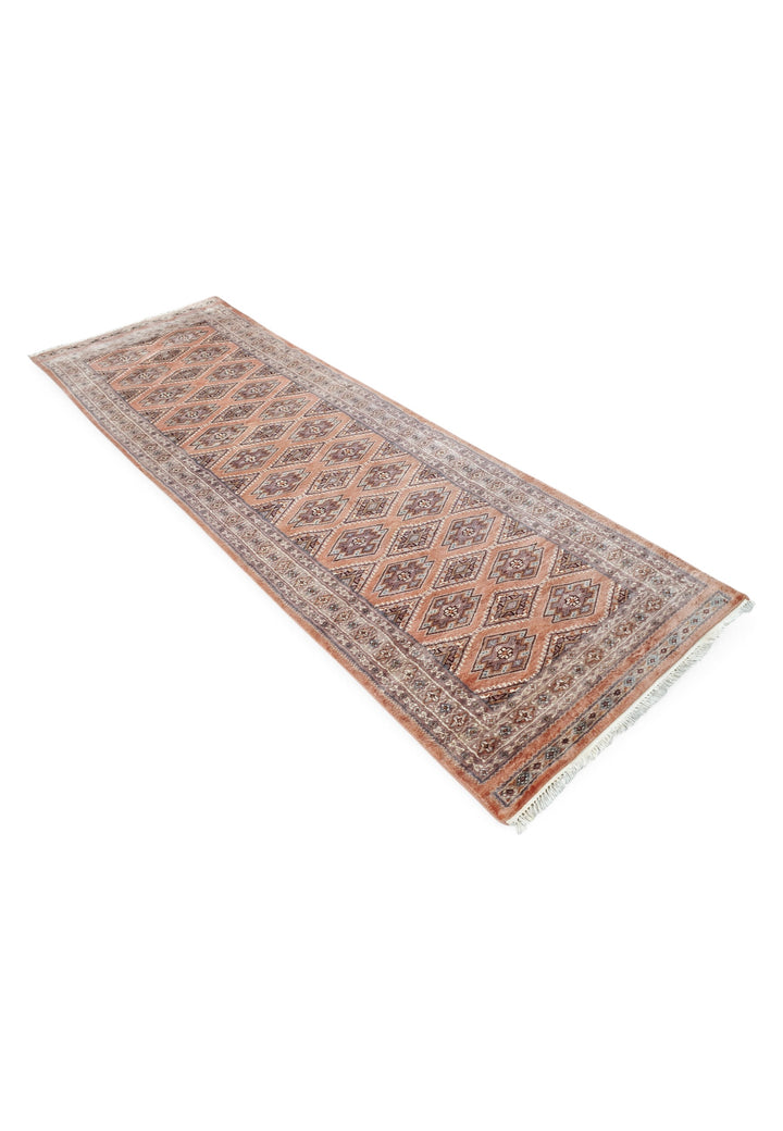 Salmon and Mauve Jaldar Alternating Lattice, Hand-Knotted Wool Rug