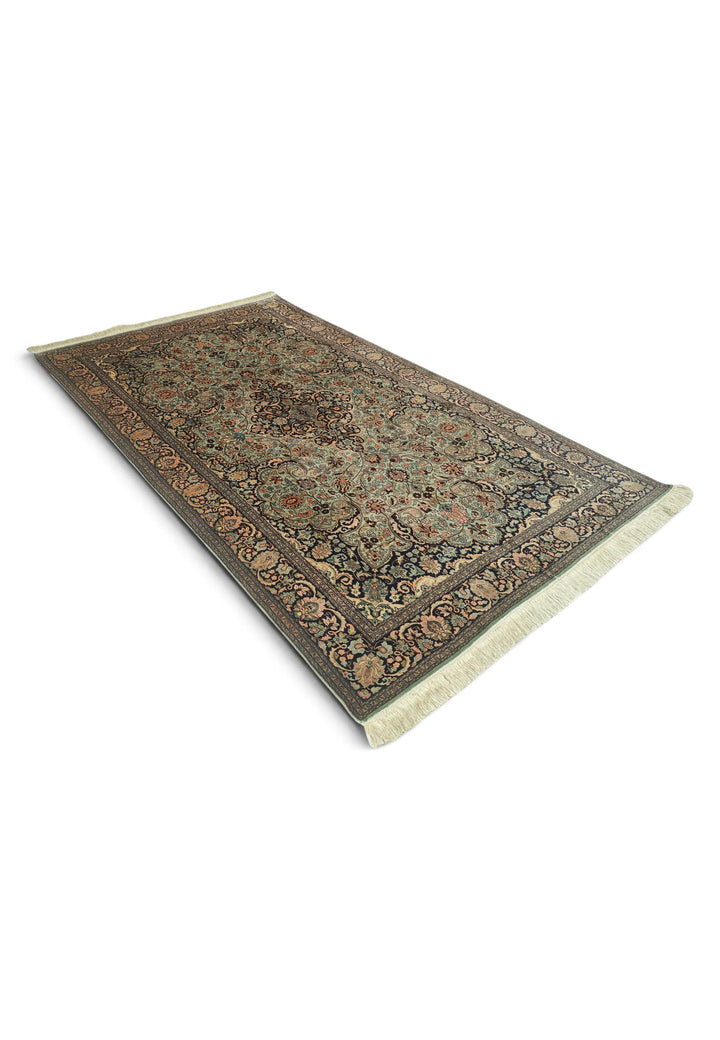 Sage Green and Black Arabesque Medallion, Hand-Knotted Silk Rug